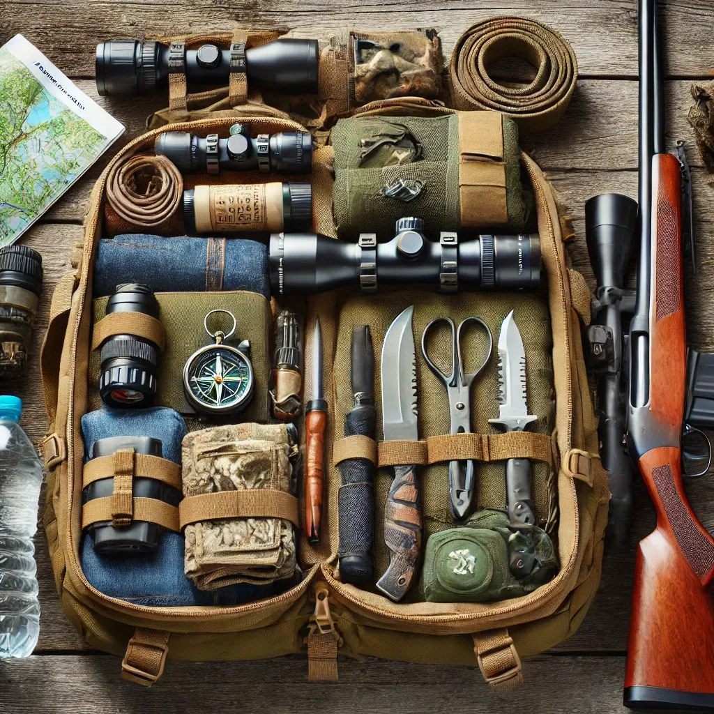 DALL·E 2024-08-29 16.08.59 - A well-organized hunting backpack with essential hunting gear arranged neatly around it. The image should include items like a map and compass, first