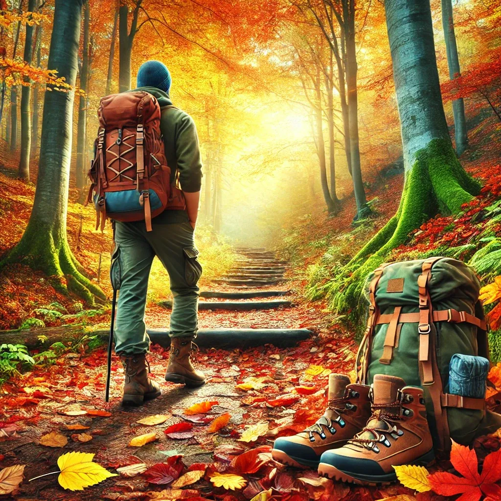 DALL·E 2024-08-29 16.10.30 - A beautiful autumn landscape featuring a well-marked hiking trail surrounded by colorful fall foliage. The scene should include elements like a hiker