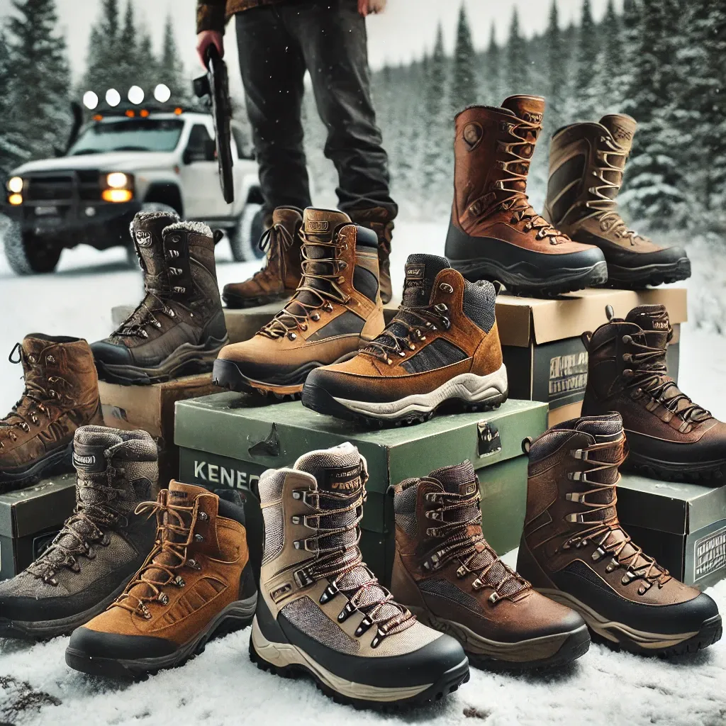 DALL·E 2024-08-29 16.33.51 - A professional image showcasing a selection of the best boots for winter hunting and hiking. The image should include models like Kenetrek Mountain Ex